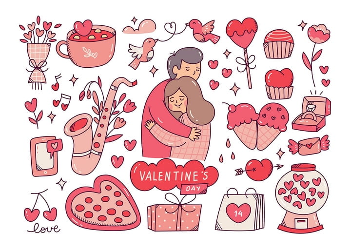 Illustration: umarmendes Paar umgeben von Valentinsmotiven wie Blumenstrauß, Kakao und Cupcakes