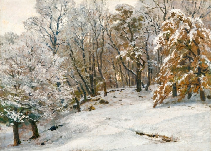 Snow-dusted forest with one copper-leaved tree, painting by Hugo Darnaut, “A Winter's Day.”