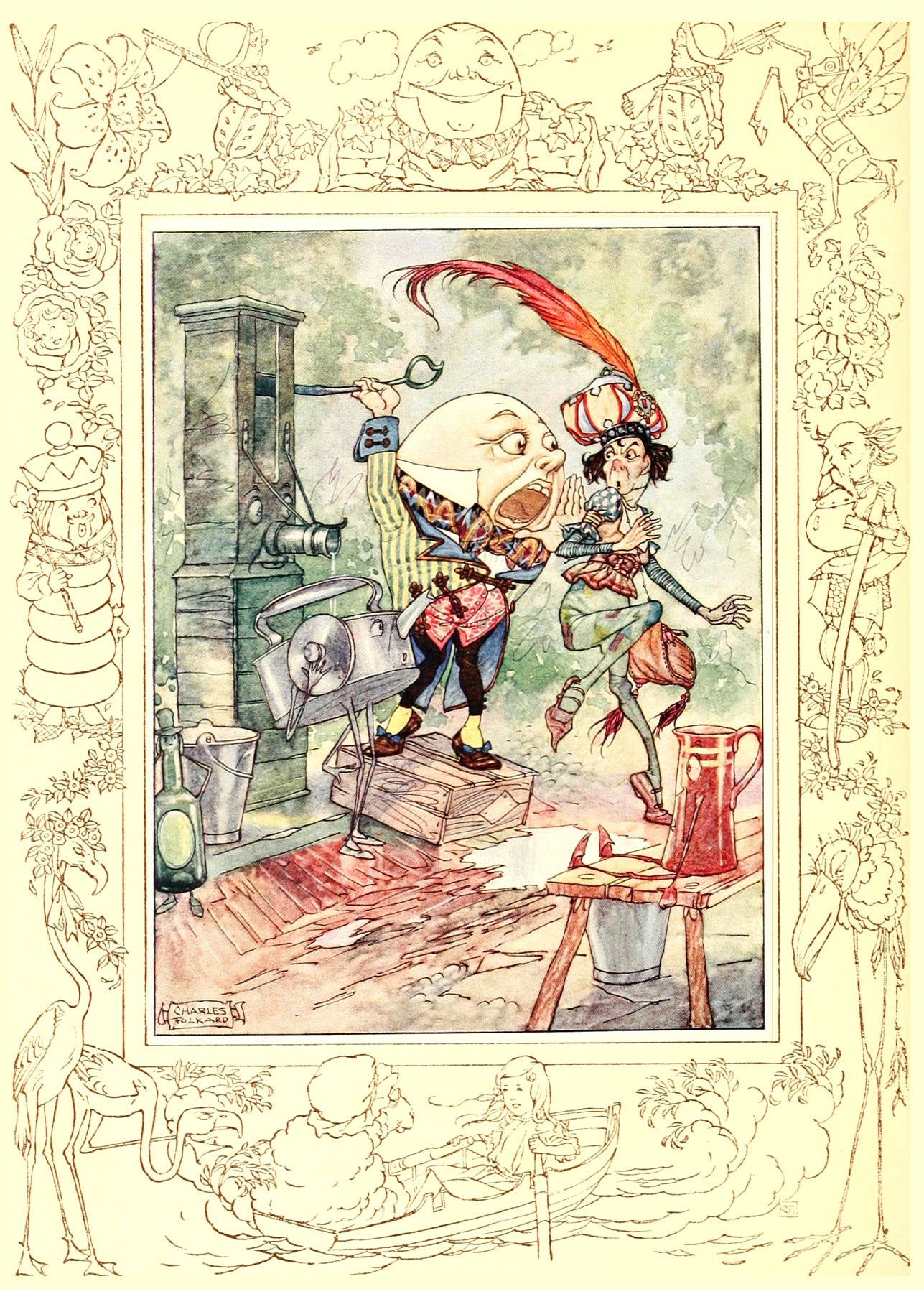 Humpty Dumpty cranking a grinding machine as a startled companion recoils, inside an ornate Wonderland border.