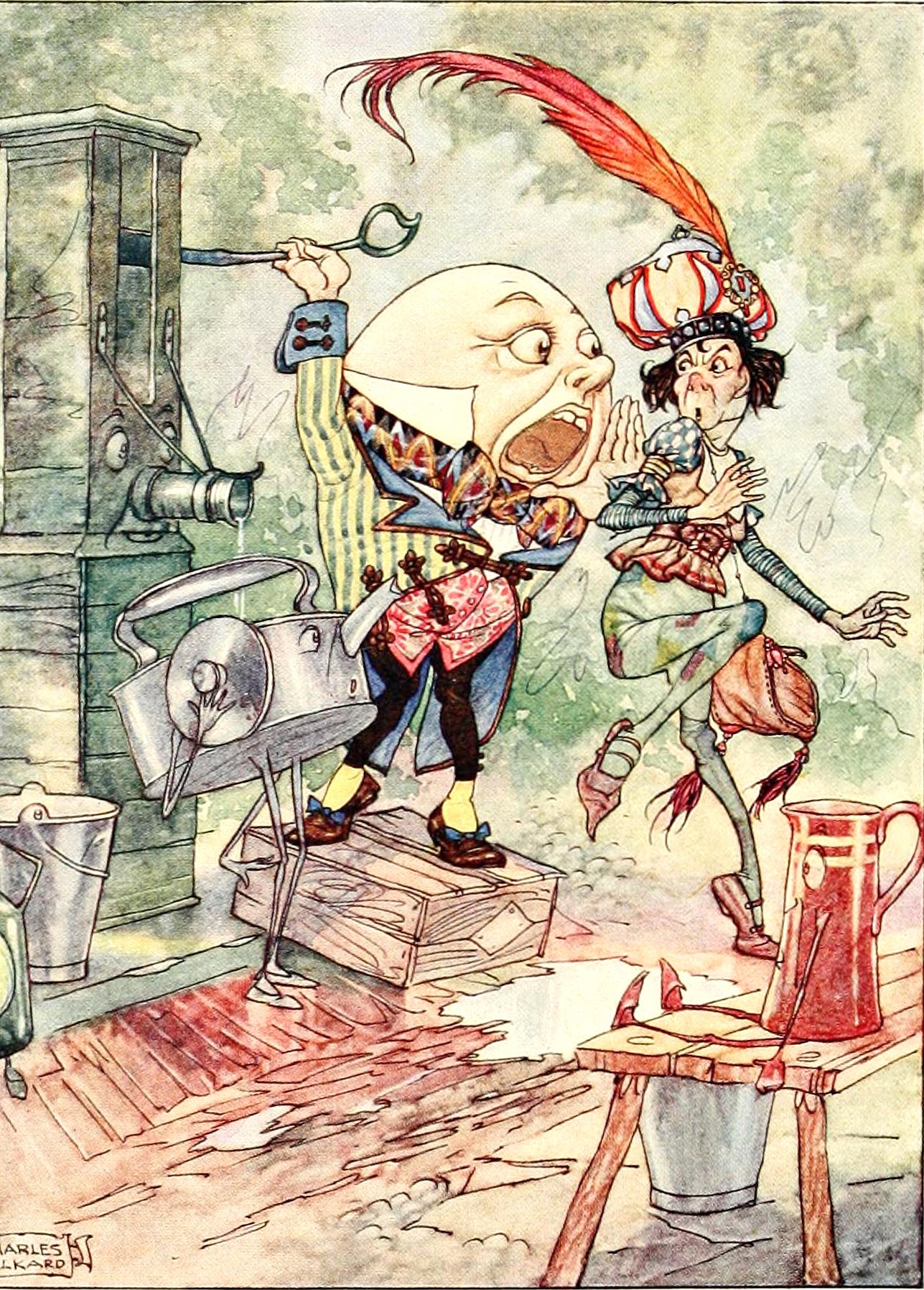 Close-up of Humpty Dumpty at a grinding machine while a startled companion in a feathered turban recoils.