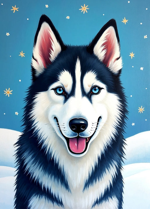 Illustriertes Husky-Porträt mit blauen Augen vor Sternenhimmel und Schnee