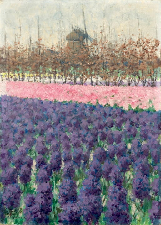 Impressionist painting of purple hyacinth rows and a windmill in a Dutch spring field