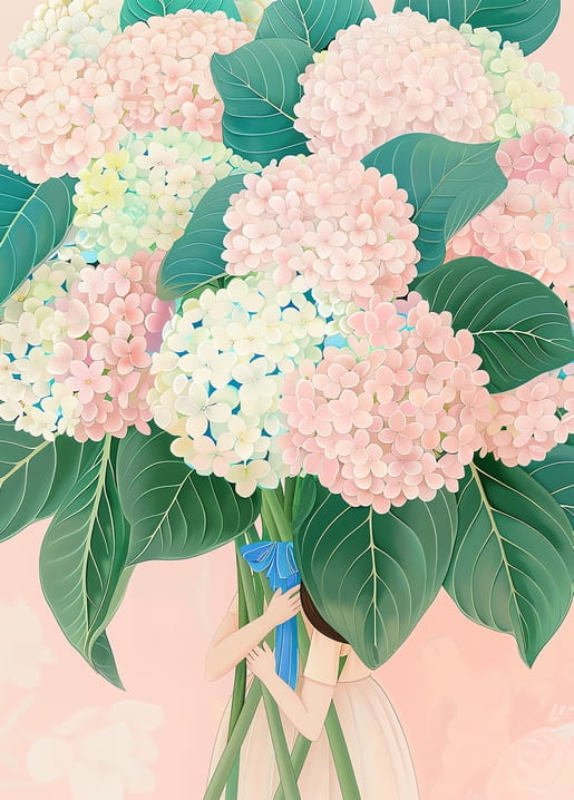 Illustration eines großen Straußes rosa und weißer Hortensien mit blauem Band