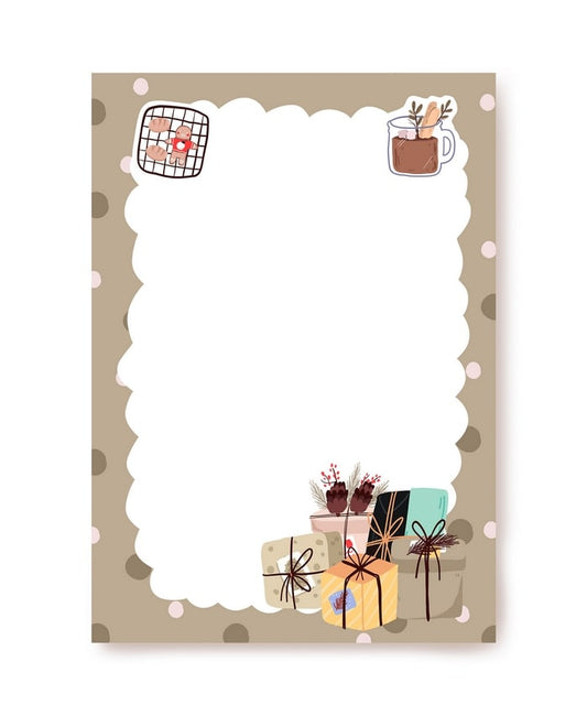 Hygge writing paper with gingerbread man, cocoa mug and wrapped gifts on dotted taupe border