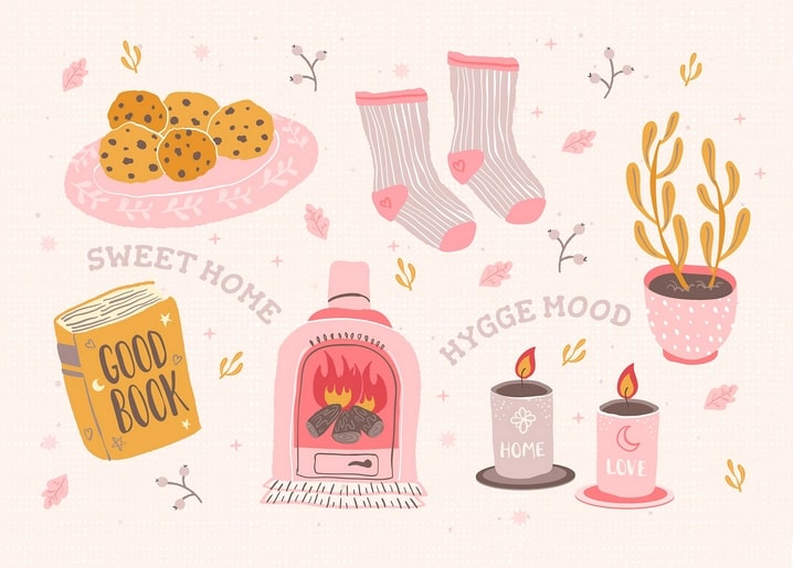 Illustrierte Collage mit Keksen, gestreiften Socken, Kamin und Kerzen mit der Aufschrift Home und Love.
