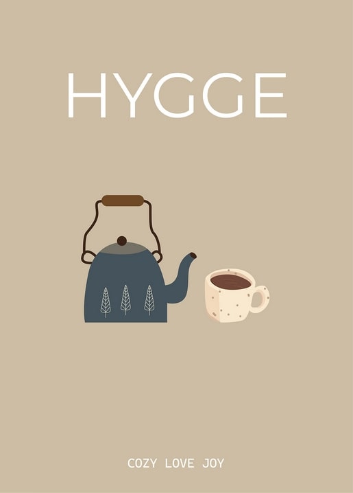 Hygge-Illustration mit Tannenmuster-Teekanne und einer Tasse Tee auf beigem Hintergrund