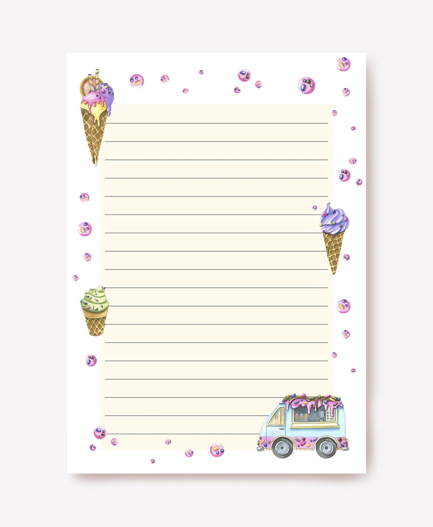 Eistüten und ein pastellfarbener Eiswagen auf cremefarbenem liniertem Briefpapier