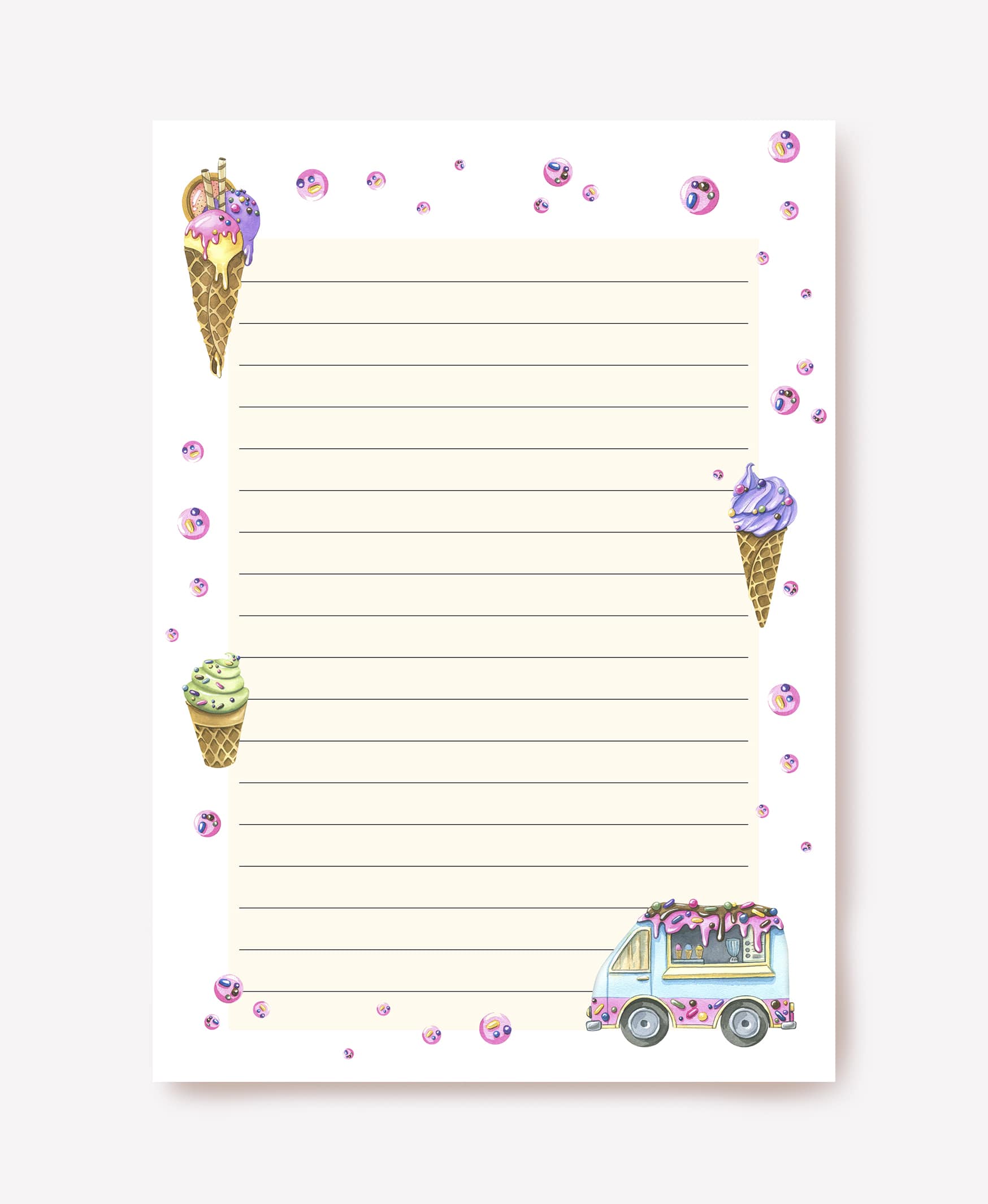 Eistüten und ein pastellfarbener Eiswagen auf cremefarbenem liniertem Briefpapier