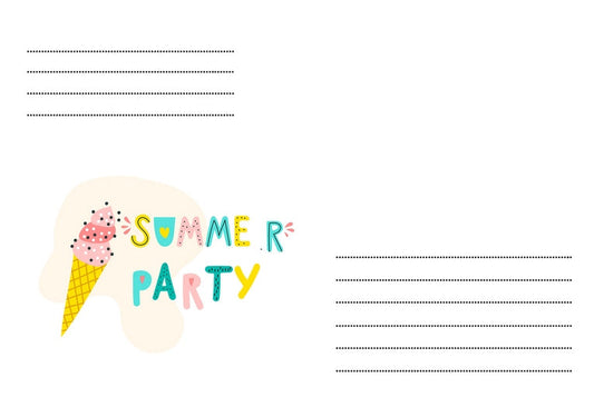 Briefumschlag mit rosa Eistüte und Schriftzug „Sommerparty“ auf cremefarbenem Hintergrund