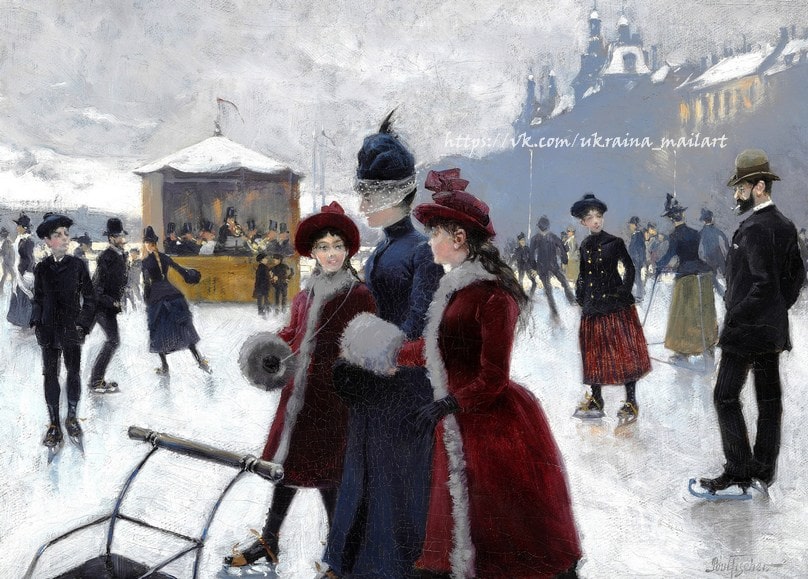 Frauen in roten Mänteln beim Schlittschuhlaufen vor einem Pavillon, Gemälde von Paul Gustave Fischer