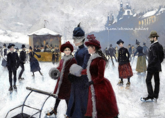 Frauen in roten Mänteln beim Schlittschuhlaufen vor einem Pavillon, Gemälde von Paul Gustave Fischer