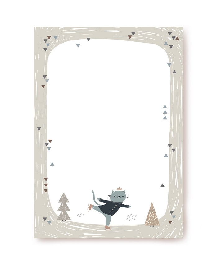 Blank writing paper with an ice-skating cat and pine trees in a scribble border
