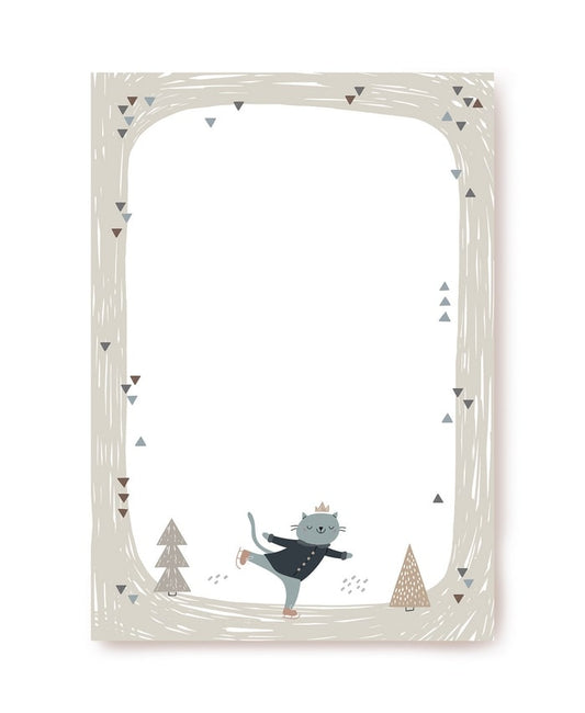 Blank writing paper with an ice-skating cat and pine trees in a scribble border