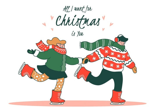 Illustriertes Paar läuft Hand in Hand Schlittschuh unter dem Schriftzug zur Weihnachtsliebe