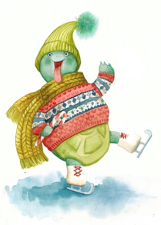 Watercolor postcard of a green frog ice-skating in a pompom hat, scarf, and candy-cane sweater.