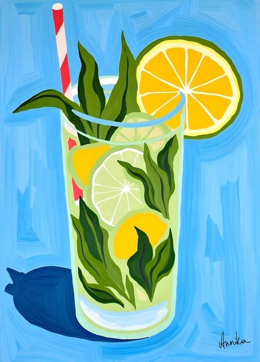 Tall glass of iced lemonade with mint, citrus slices, and a striped straw on blue