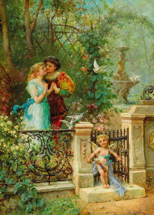 Romantische Gartenszene mit küssendem Paar am Rosentor, Amorknabe und Springbrunnen