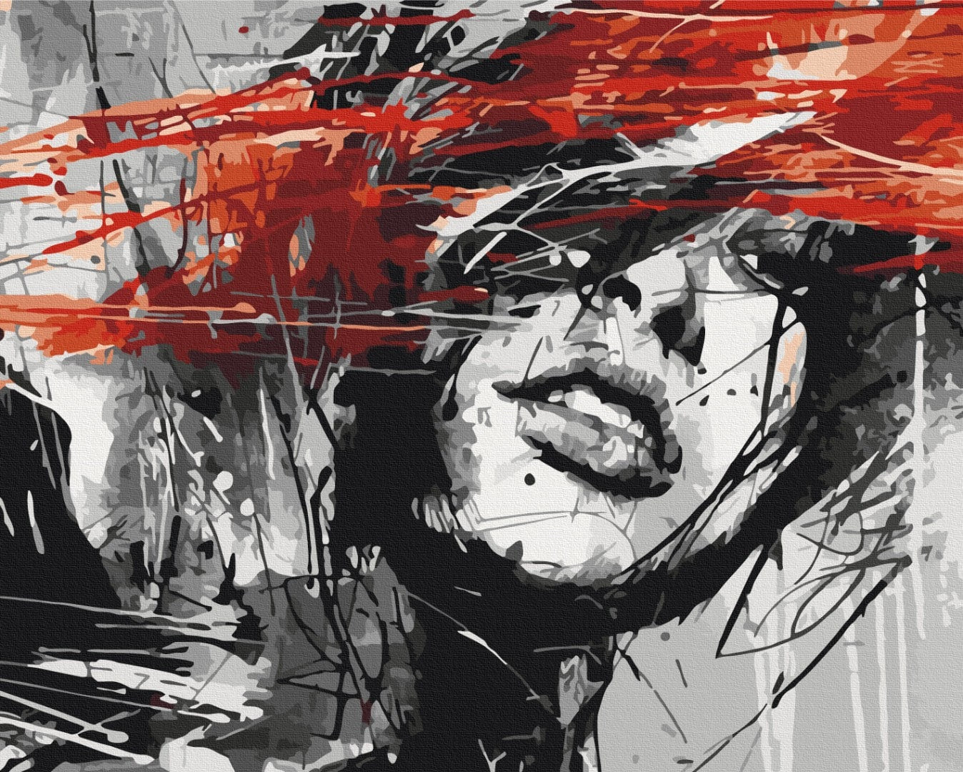 Abstract portrait in red and black ink-splash style, paint by numbers canvas