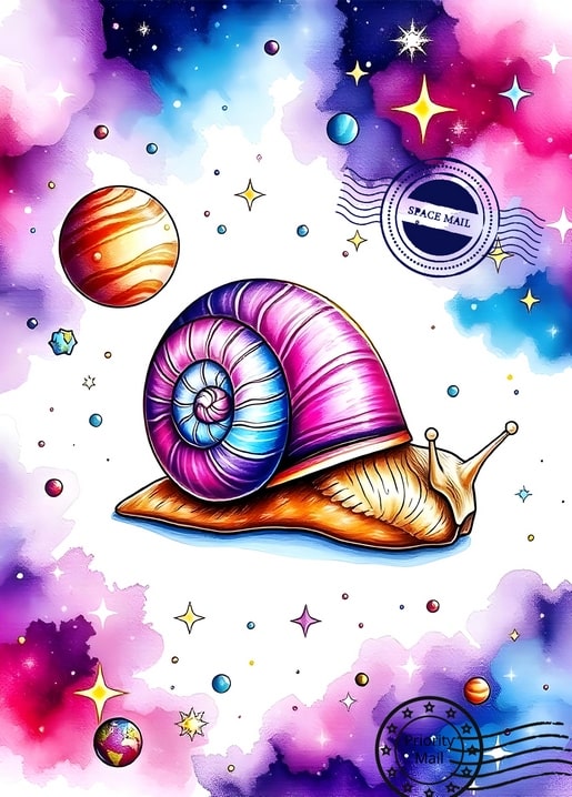 Schnecke mit perlmuttfarbenem Gehäuse zwischen rosa-violettem Weltraumnebel, Sternen und Planeten