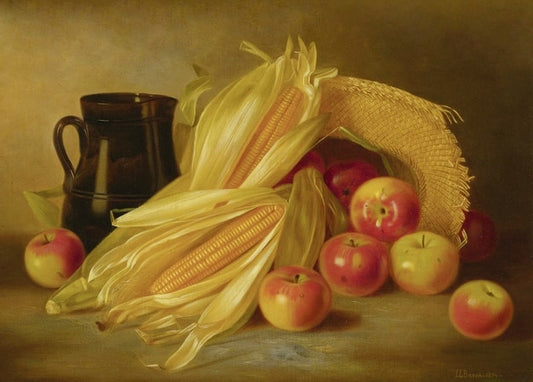 Still life with corn husks, apples, a straw hat, and a dark jug by Irving Lewis Bacon