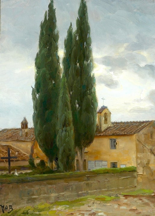 Painting of tall dark cypress trees beside an ochre Italian chapel with bell tower and terracotta roofs