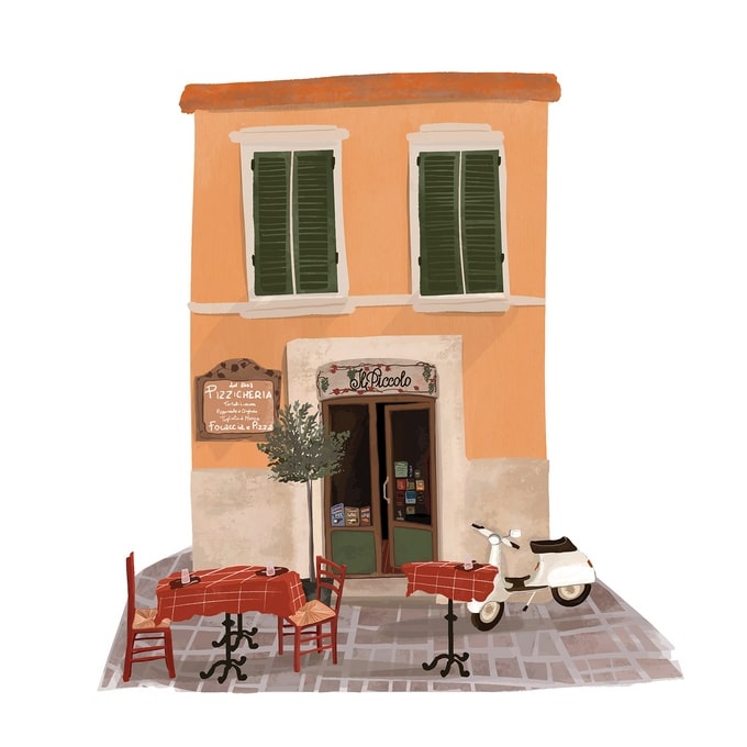 Illustrated Italian pizzicheria storefront with green shutters, café tables and a scooter