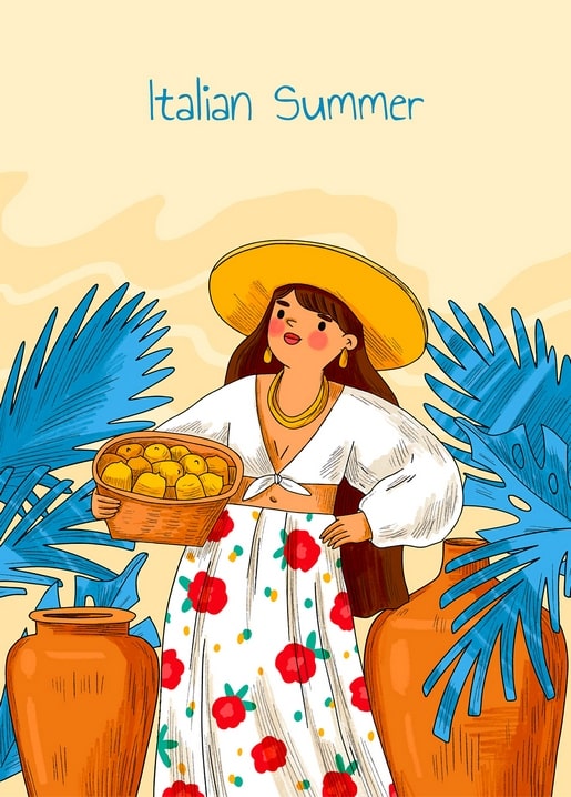 Illustrated postcard of a woman in a straw hat holding a lemon basket, titled Italian Summer