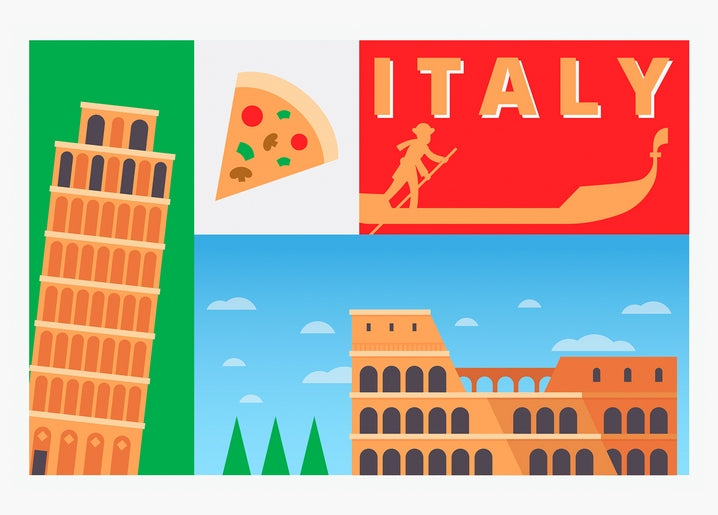 Italien-Collage-Postkarte mit Schiefem Turm, Pizzastück, Gondoliere und Kolosseum