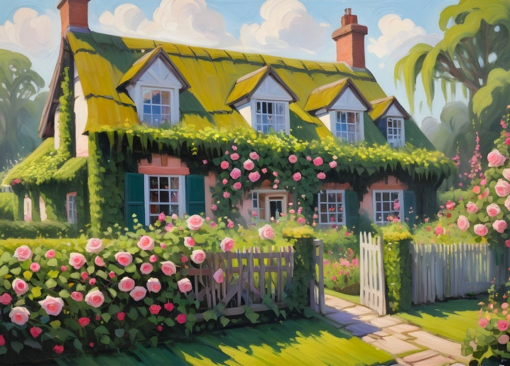 Illustration of an ivy-covered thatched cottage in England with pink climbing roses at a white picket gate.