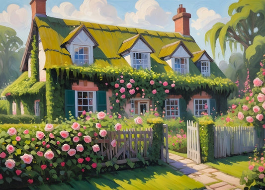 Illustration eines efeuberankten Reetdach-Cottages mit rosa Kletterrosen am weißen Gartentor.