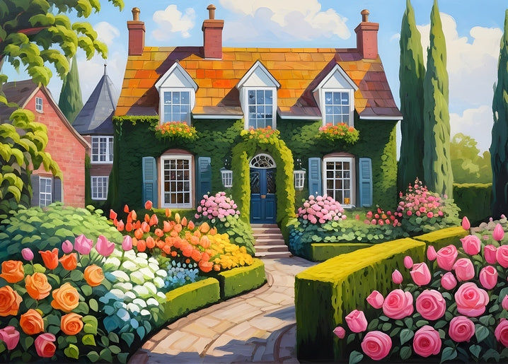 Ivy-covered brick cottage with a garden of orange, white, and pink tulips