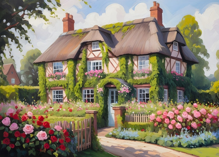 Half-timbered thatched cottage covered in ivy with red and pink roses along the fence