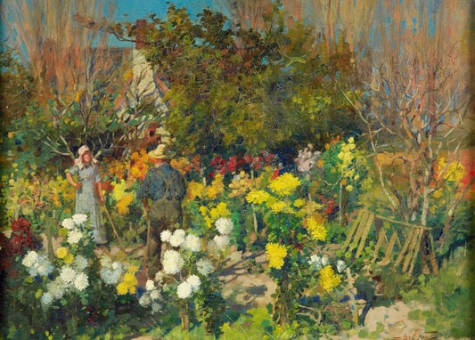 James Nairn's autumn garden painting with chrysanthemums and two figures walking the path