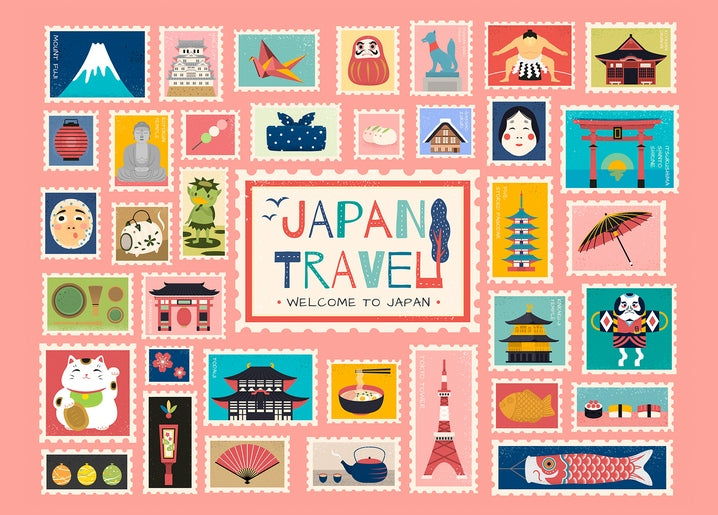 Briefmarken-Collage mit Japan-Reisesymbolen: Fuji, Torii, Maneki-neko, Sushi, Sumo