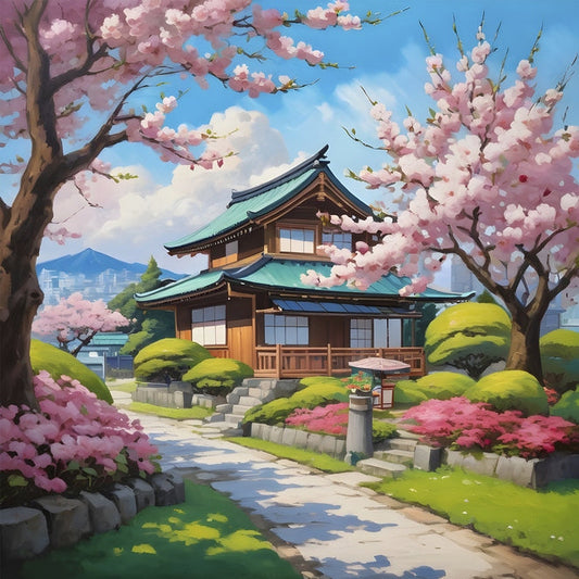 Traditional Japanese house with green roofs surrounded by blooming cherry blossom trees