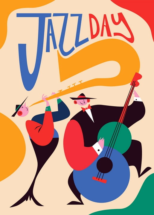 Листівка у плоскому стилі до Jazz Day з двома музикантами, які грають на духовому інструменті й контрабасі.