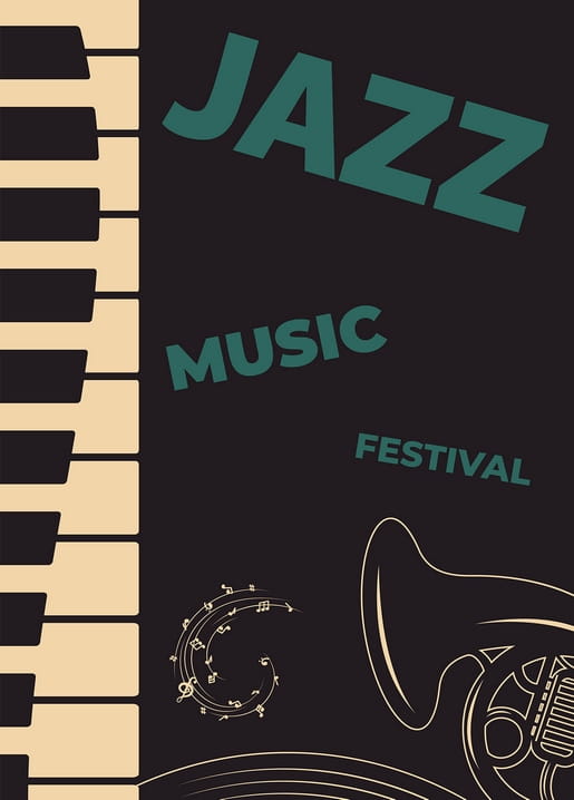 Типографічний постер «Jazz Music Festival» з клавішами піаніно та мідною трубою