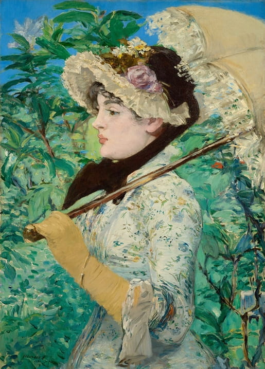 Woman in profile wearing a flowered bonnet and holding a parasol, painting by Édouard Manet