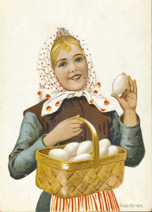 Vintage-Illustration von Jenny Nyström: Frau mit einem Korb voller Eier