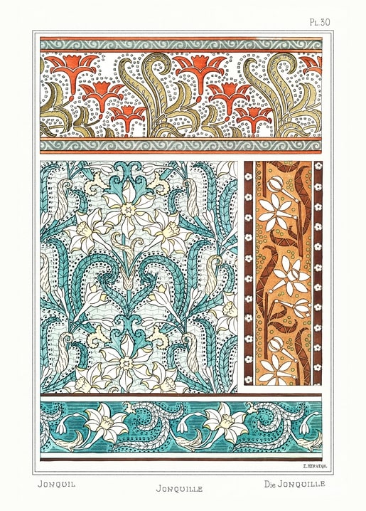 Art Nouveau pattern plate of jonquil flowers in teal scrollwork with an orange floral border