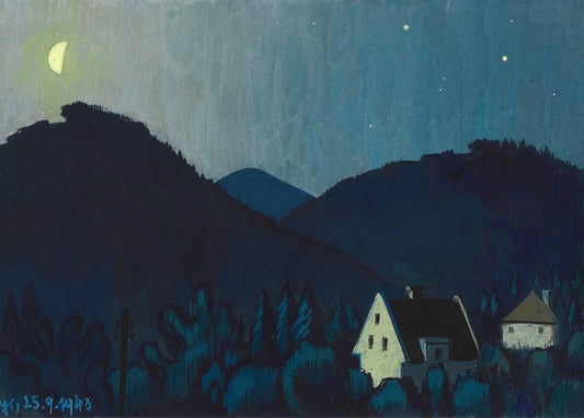 Nachtlandschaft mit Mondsichel, dunklen Bergen und erleuchtetem Häuschen, von Karl Wiener