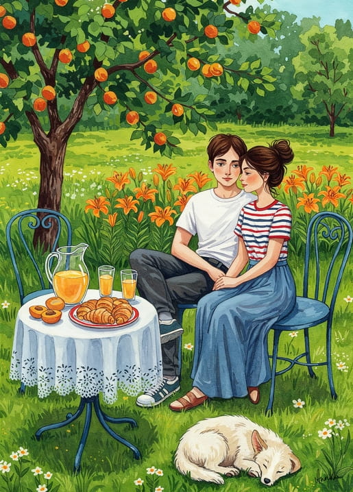 A couple's summer breakfast postcard by AnniKa / "Zolota Ptakha" publishing house