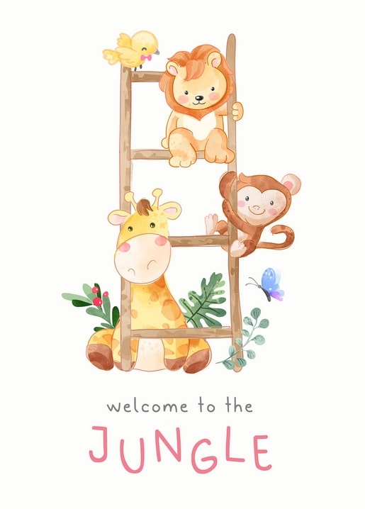 Lion, giraffe, monkey and chick climbing a wooden ladder in the jungle