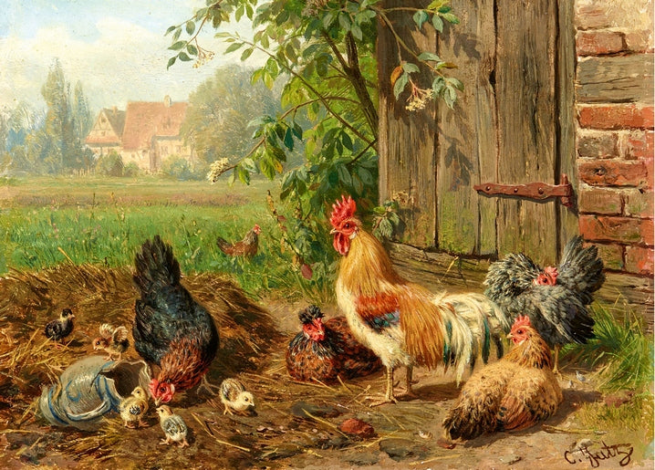 illustration of chicken with duck in nature, countryside