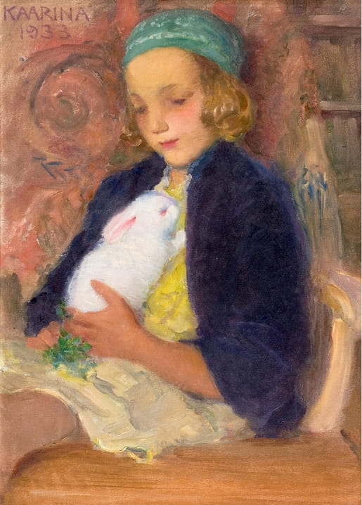Portrait painting of a girl in a teal headscarf holding a white rabbit, signed Kaarina 1933