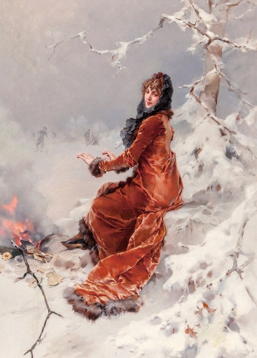 Frederik Hendrik Kaemmerer painting of a woman in a velvet coat by a bonfire, skaters on a frozen pond behind her