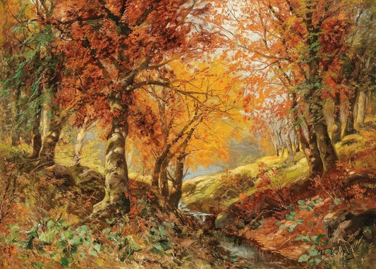 Painting of a dense autumn forest glade with red and gold leaves and a stream over mossy rocks