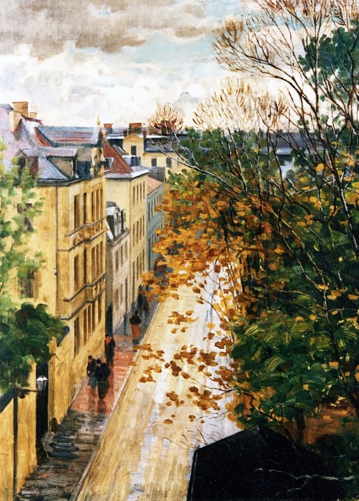 Straße Kaulbachstraße in München mit nassem Pflaster und Herbstlaub, Gemälde von Charles Vetter