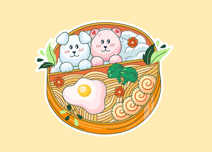 Kawaii bento box postcard with two rice-ball friends, fried egg and noodles