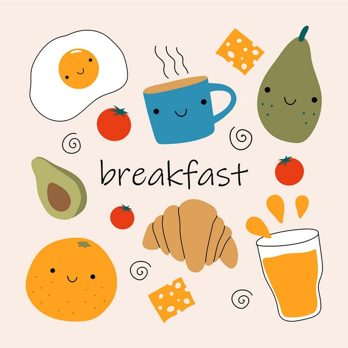 Kawaii breakfast illustration with egg, croissant, coffee and avocado